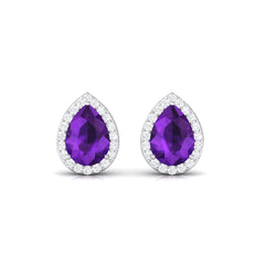 Classic Pear Shape Amethyst Teardrop Earrings with Diamond Halo