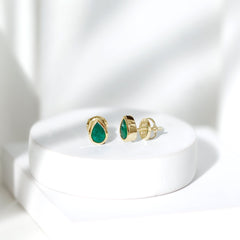 Genuine Emerald Teardrop Stud Earrings in Bezel Setting