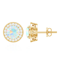 1.6 Carat Round Ethiopian Opal and Diamond Halo Stud Earrings