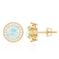 1.6 Carat Round Ethiopian Opal and Diamond Halo Stud Earrings