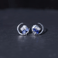 Lab Grown Blue Sapphire and Diamond Cat and Moon Stud Earrings