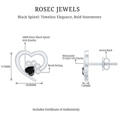Heart Shape Black Spinel Paw Stud Earrings with Moissanite