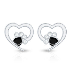 Heart Shape Black Spinel Paw Stud Earrings with Moissanite