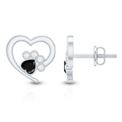 Heart Shape Black Spinel Paw Stud Earrings with Moissanite