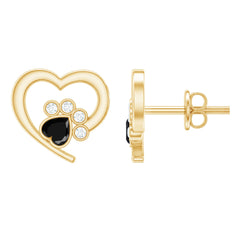Heart Shape Black Spinel Paw Stud Earrings with Moissanite