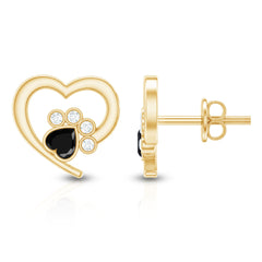 Heart Shape Black Spinel Paw Stud Earrings with Moissanite