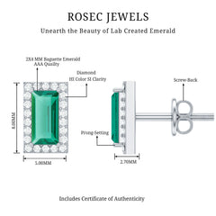 Baguette Cut Lab Grown Emerald and Diamond Halo Stud Earrings