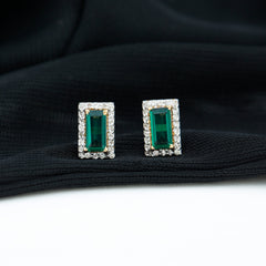 Baguette Cut Lab Grown Emerald and Diamond Halo Stud Earrings