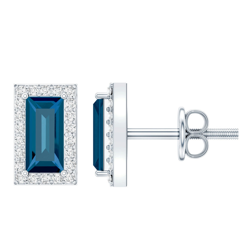 Natural Half Carat Baguette London Blue Topaz Stud Earrings with Diamond Halo