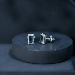 Natural Half Carat Baguette London Blue Topaz Stud Earrings with Diamond Halo