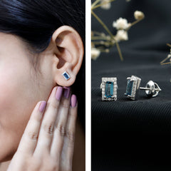 Natural Half Carat Baguette London Blue Topaz Stud Earrings with Diamond Halo