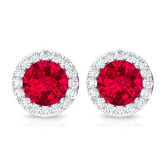 1.5 CT Lab Grown Ruby and Diamond Halo Classic Stud Earring