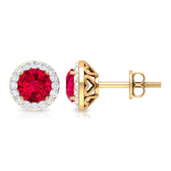 1.5 CT Lab Grown Ruby and Diamond Halo Classic Stud Earring