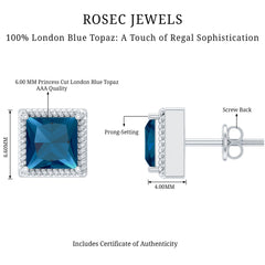 2 Carat Princess Cut London Blue Topaz Stud Earrings
