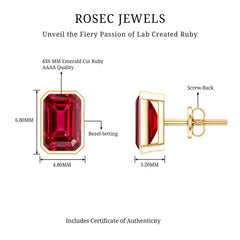 1.5 Carat Emerald Cut Lab Grown Ruby Stud Earrings in Bezel Set