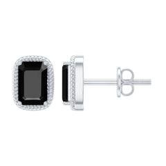 Genuine Black Onyx Emerald Cut Stud Earring with Twisted Rose Frame