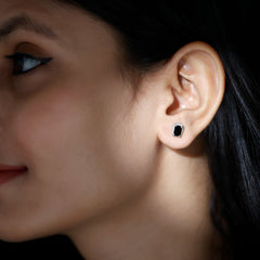 Genuine Black Onyx Emerald Cut Stud Earring with Twisted Rose Frame