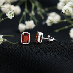 1.5 CT Emerald Cut Garnet Solitaire Stud Earrings in Bezel Setting