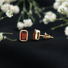 1.5 CT Emerald Cut Garnet Solitaire Stud Earrings in Bezel Setting