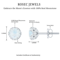 Round Cut Genuine Moonstone and Diamond Stud Earrings