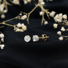 Round Cut Genuine Moonstone and Diamond Stud Earrings