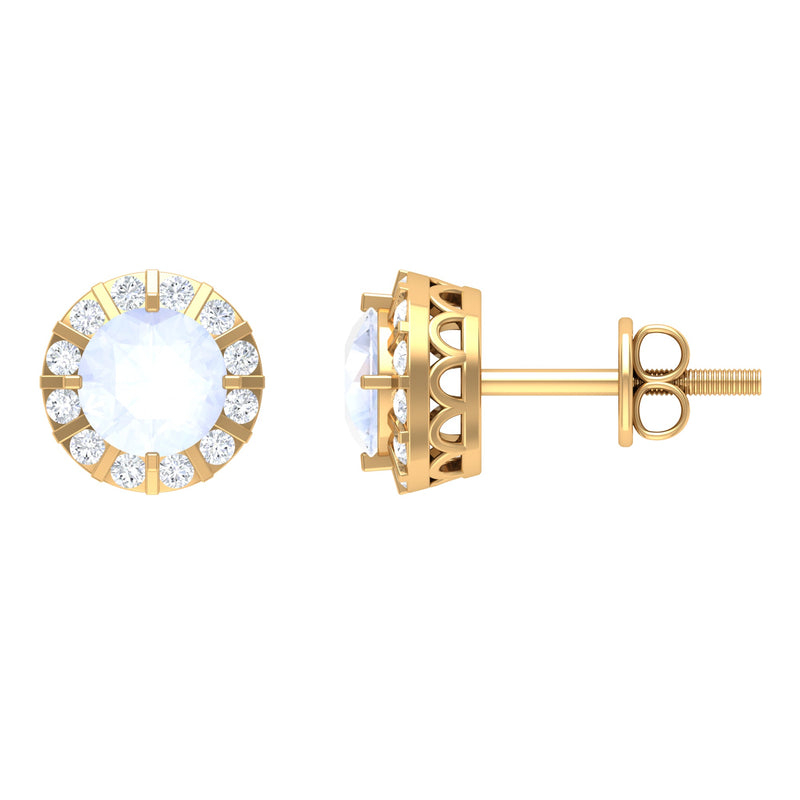 Vintage Inspired 0.74 Carat Moonstone and Diamond Halo Stud Earrings