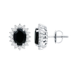 Real 2 Carat Oval Black Onyx Stud Earrings with Moissanite Halo