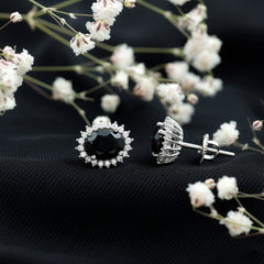 Real 2 Carat Oval Black Onyx Stud Earrings with Moissanite Halo