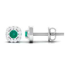 Minimalist Emerald and Diamond Halo Stud Earrings