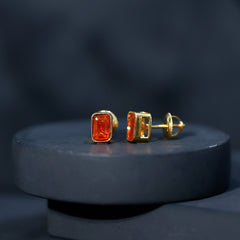 Emerald Cut Stud Earrings with Bezel Set Fire Opal