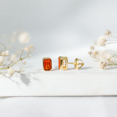 Emerald Cut Stud Earrings with Bezel Set Fire Opal