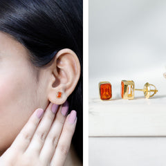 Emerald Cut Stud Earrings with Bezel Set Fire Opal