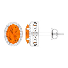 1.3 Carat Oval Cut Fire Opal and Diamond Halo Stud Earrings