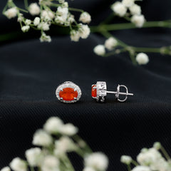 1.3 Carat Oval Cut Fire Opal and Diamond Halo Stud Earrings