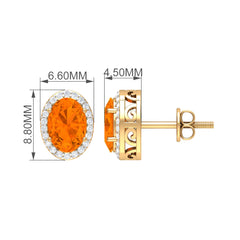 1.3 Carat Oval Cut Fire Opal and Diamond Halo Stud Earrings