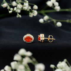 1.3 Carat Oval Cut Fire Opal and Diamond Halo Stud Earrings