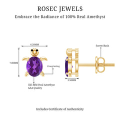 Natural 3X5 MM Oval Amethyst Turtle Stud Earrings
