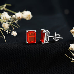 2 CT Emerald Cut Fire Opal Solitaire Stud Earrings for Women