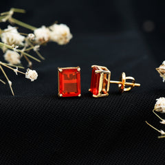 2 CT Emerald Cut Fire Opal Solitaire Stud Earrings for Women