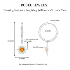 Natural Citrine Sunburst Drop Hoop Earrings