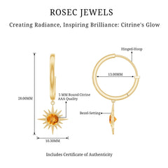 Natural Citrine Sunburst Drop Hoop Earrings