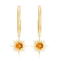 Natural Citrine Sunburst Drop Hoop Earrings
