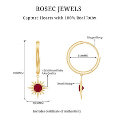 Natural 0.5 Carat Ruby Sunburst Drop Hoop Earrings for Women