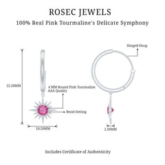 4MM Round Shape Pink Tourmaline Sunburst Hoop Drop Earrings