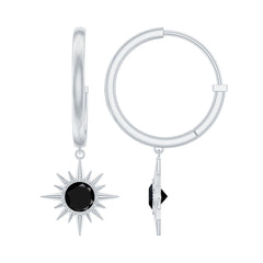 Natural Black Spinel Sunburst Drop Hoop Earrings