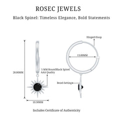 Natural Black Spinel Sunburst Drop Hoop Earrings