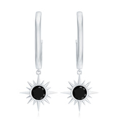 Natural Black Spinel Sunburst Drop Hoop Earrings