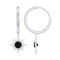Natural Black Spinel Sunburst Drop Hoop Earrings