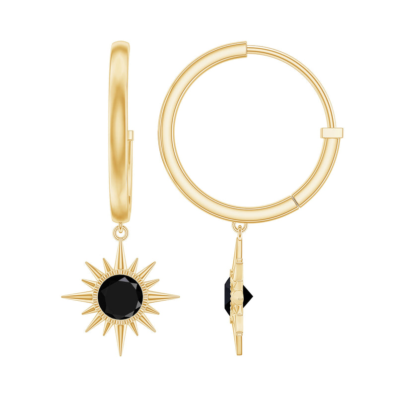 Natural Black Spinel Sunburst Drop Hoop Earrings