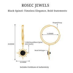 Natural Black Spinel Sunburst Drop Hoop Earrings